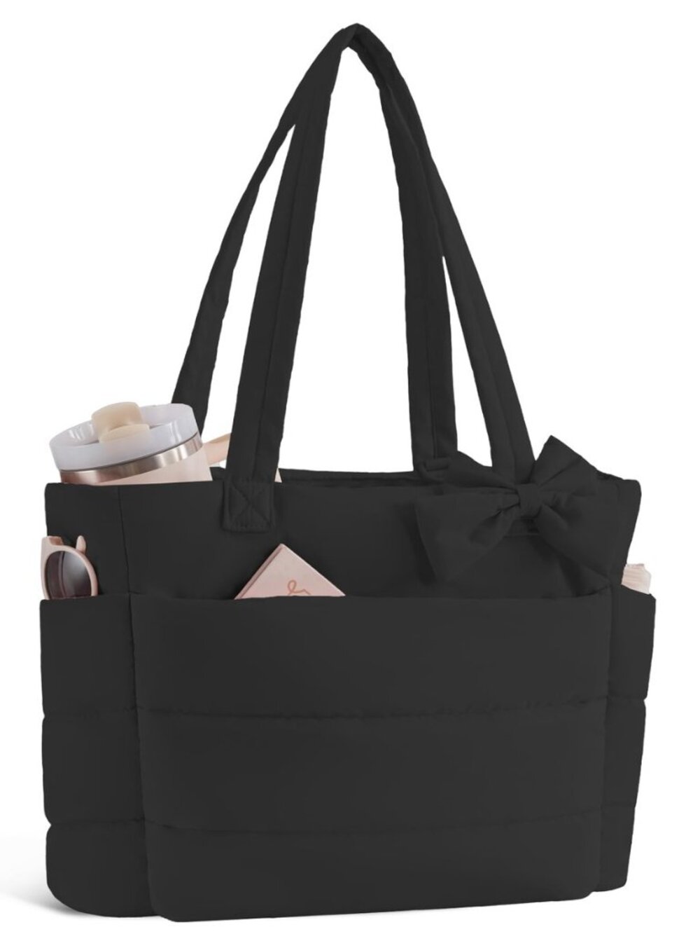 Puffer Tote Bag for Women, Quilted Bow Tote Bag with Cup Holder & Laptop
